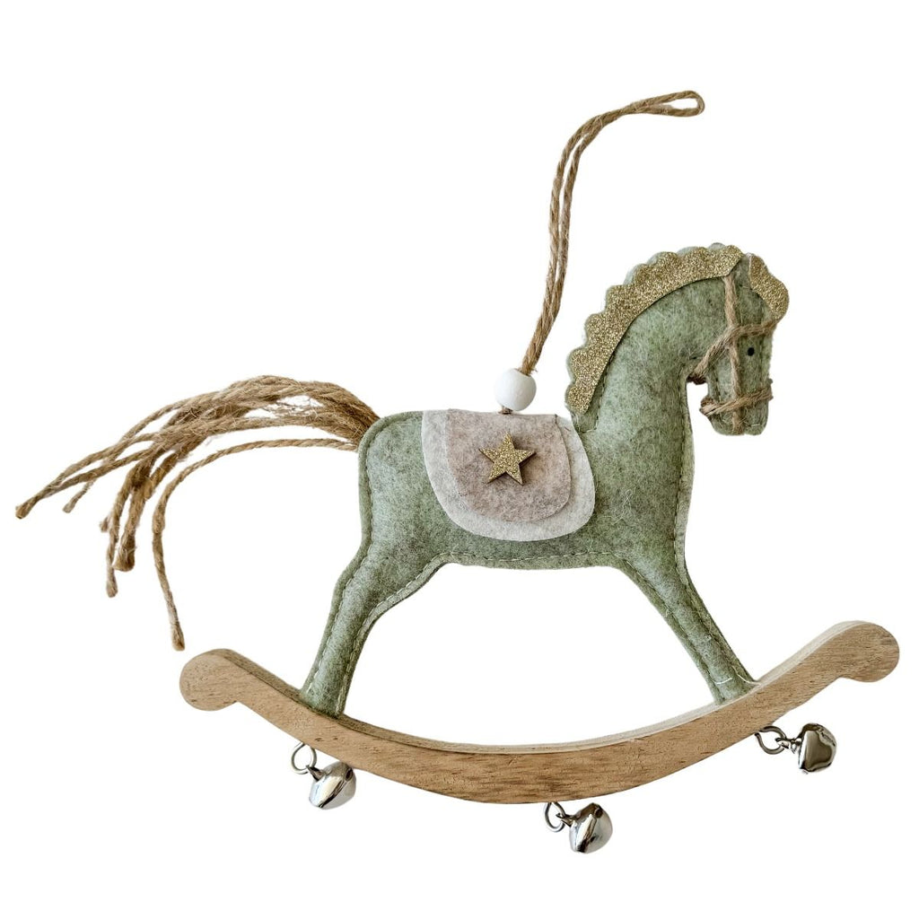 Twig and Feather Felt rocking horse hanging decoration in sage green