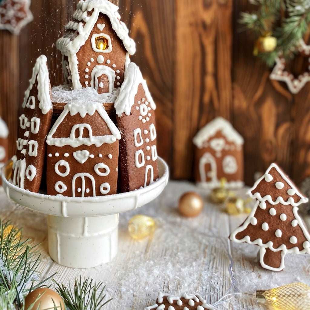 Gingerbread houses and tree on a decorative stand with a wooden background