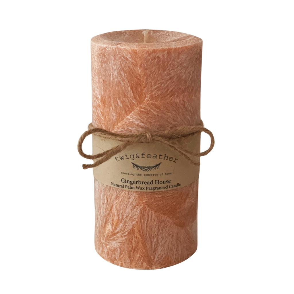 Twig and Feather Gingerbread House palm wax candle with textured surface and twine packaging on a white background - 80 hours
