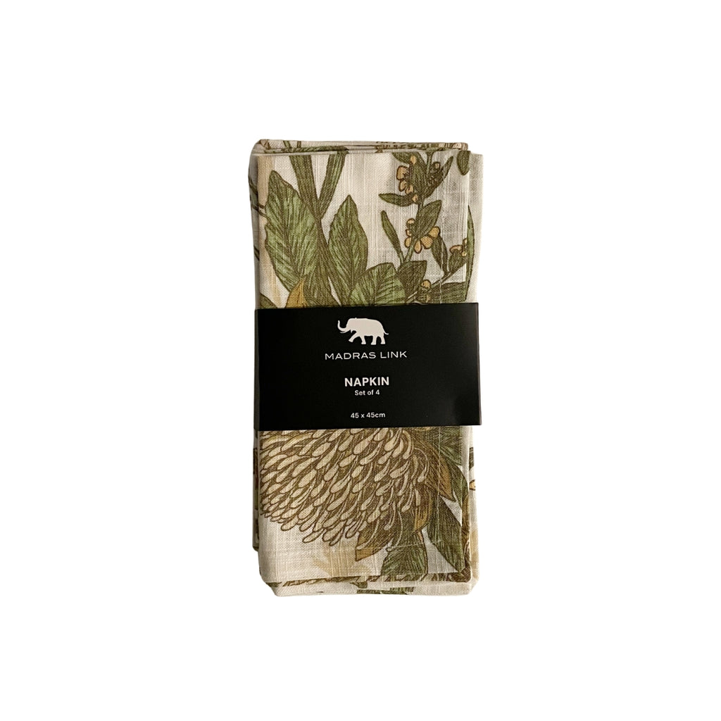 Twig and Feather: Packaged napkin with native floral design and Madras Link branding on a white background