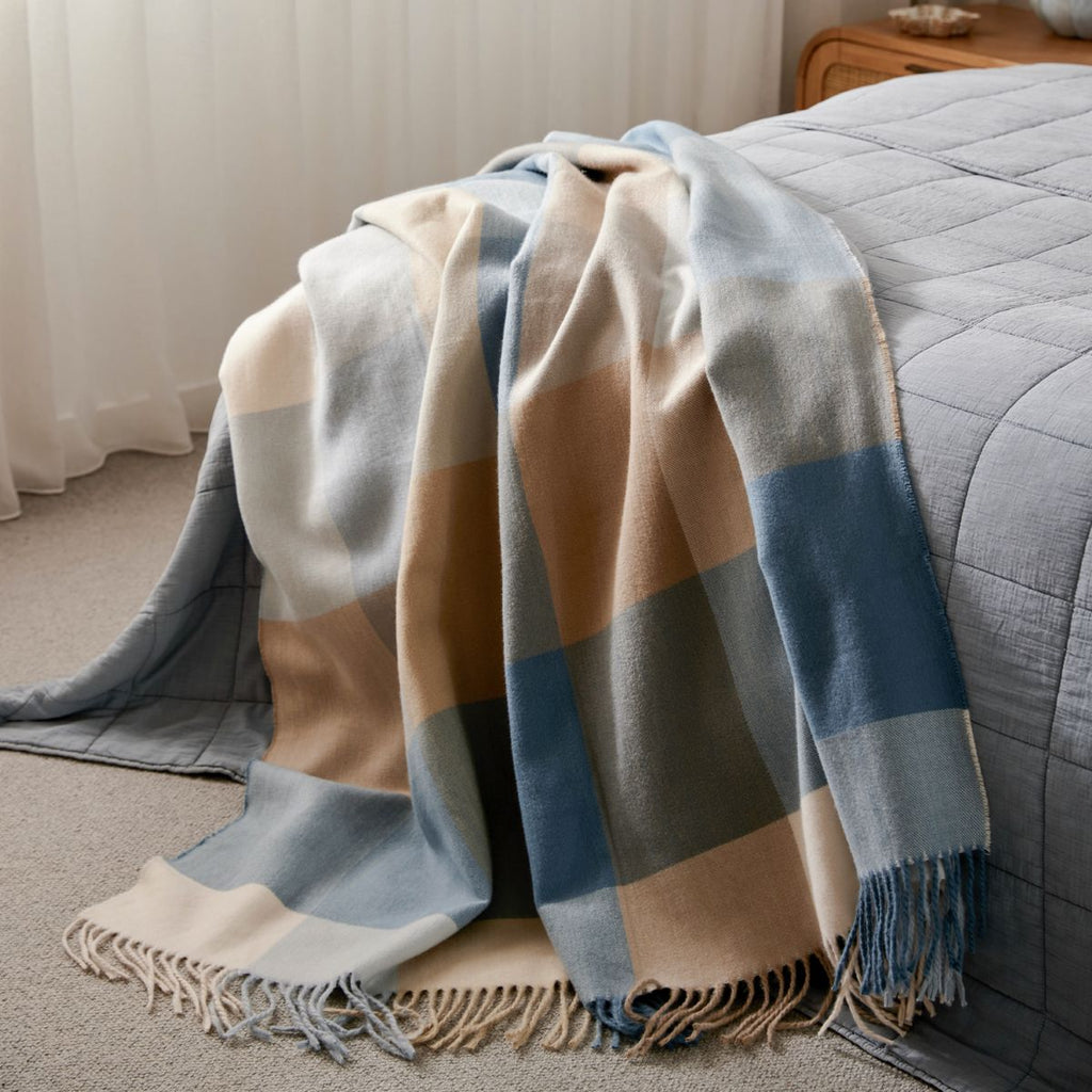 Twig and Feather: Harley check throw in blue by Madras Link