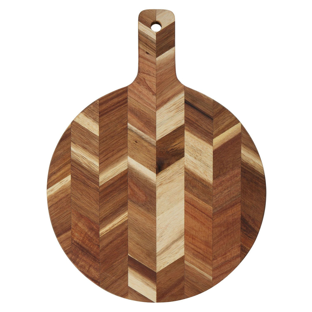 Wooden cutting board with a herringbone pattern on a white background