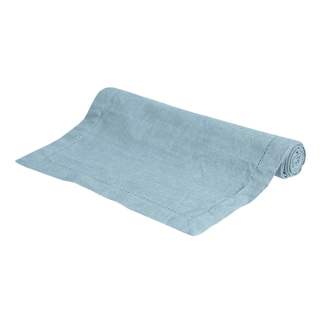 Rolled-up light blue towel on a white background
