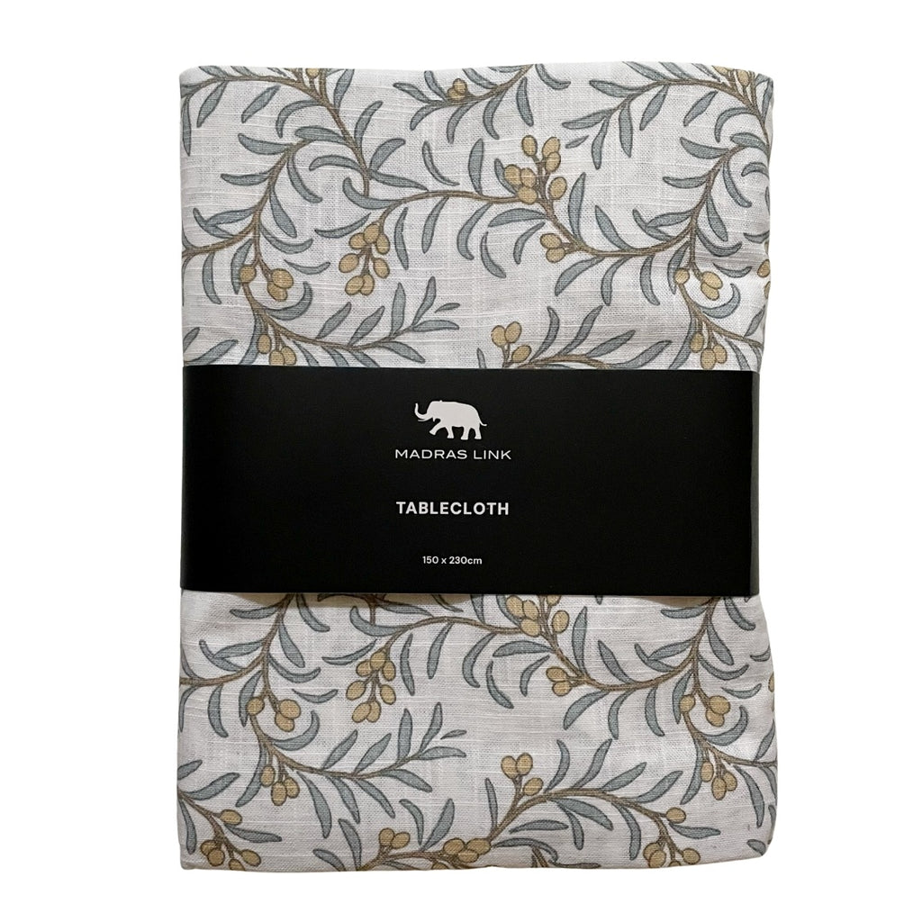 Packaged tablecloth with Juniper berry and leaf pattern and Madras Link branding on a white background