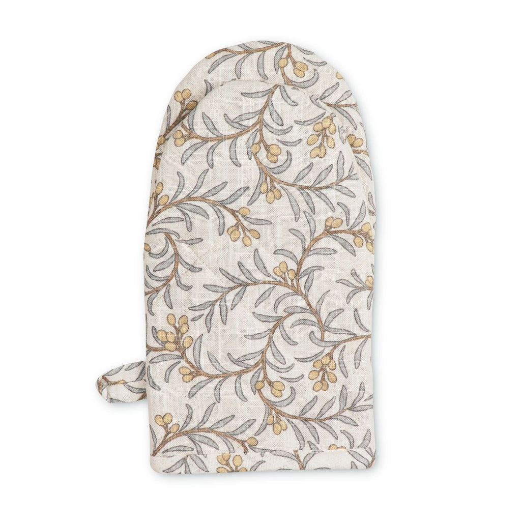 Juniper blue and apricot oven glove with berry leaf pattern on a white background
