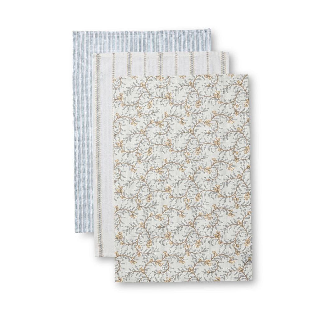 Three patterned tea towels stacked on a white background including the juniper pattern and 2 striped tea towels