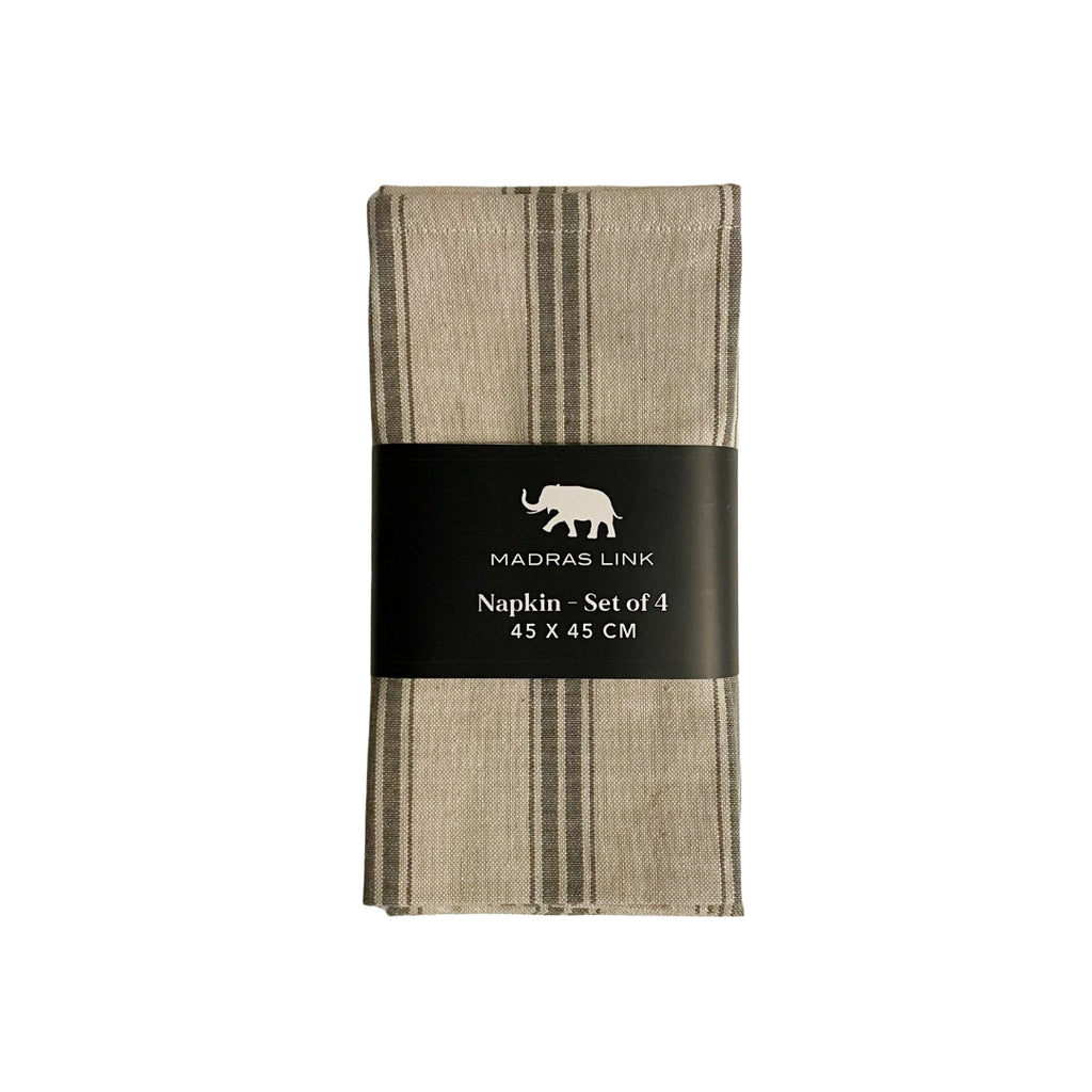 Set of 4 charcoal striped napkins on neutral base with a Madras Link label on a white background