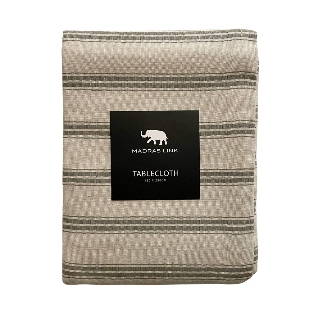 Charcoal Striped tablecloth with a Madras Link label on a white background