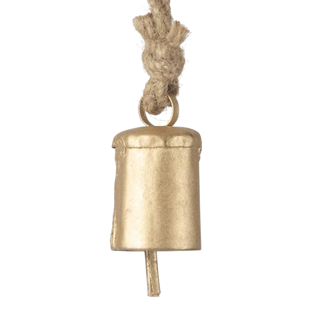 Mini Aged look Brass bell with a rope on a white background