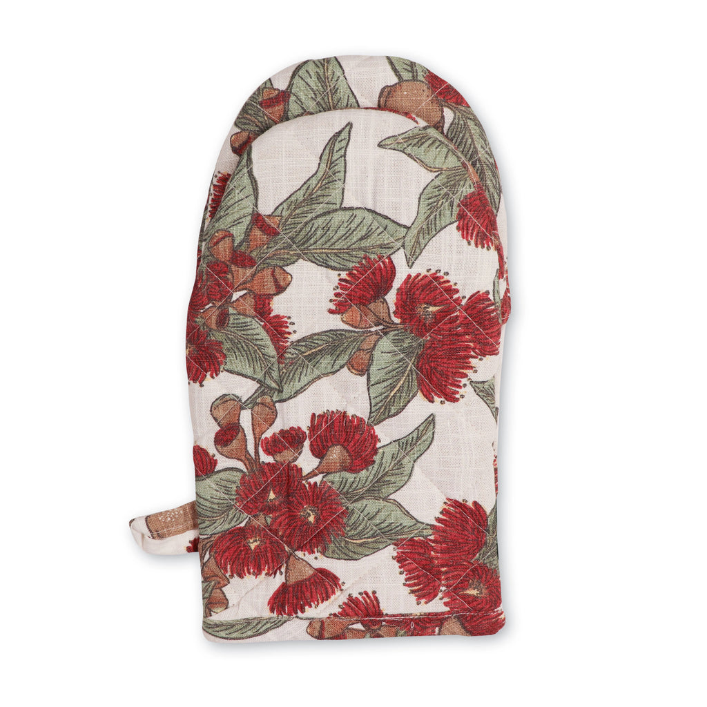 Australian Flowering Gum Oven glove in red with floral pattern on a white background