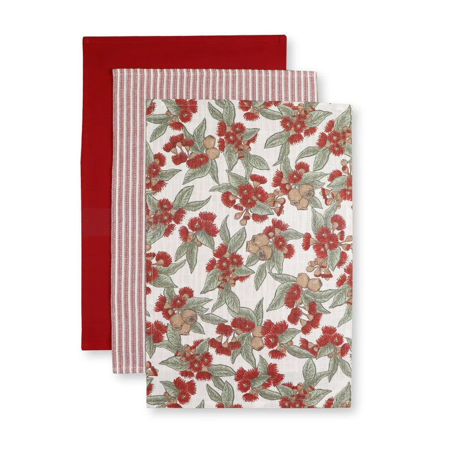 Flowering gum red tea towel set of three towels with floral, red, and striped patterns on a white background