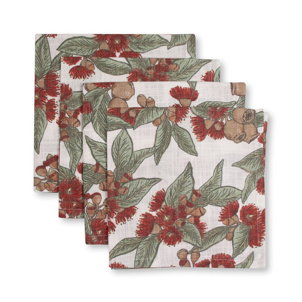 Set of 4 fabric napkins packaged with an Australian flowering gum print in red, green and brown