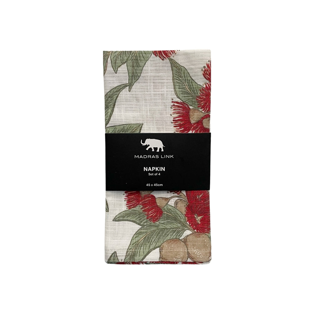 Set of 4 fabric napkins packaged with an Australian flowering gum print in red, green and brown