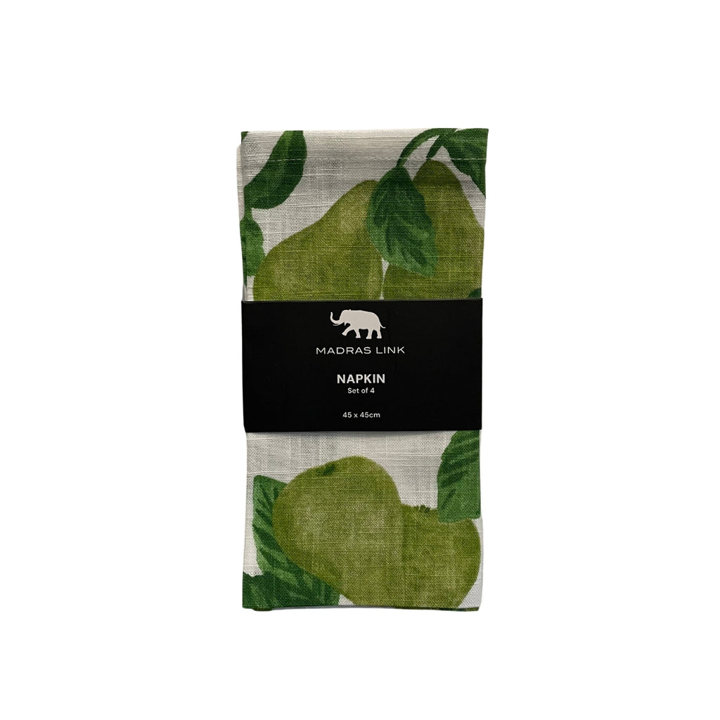Packaged set of 4 napkins with pear and green leaf design and Madras Link branding on a white background