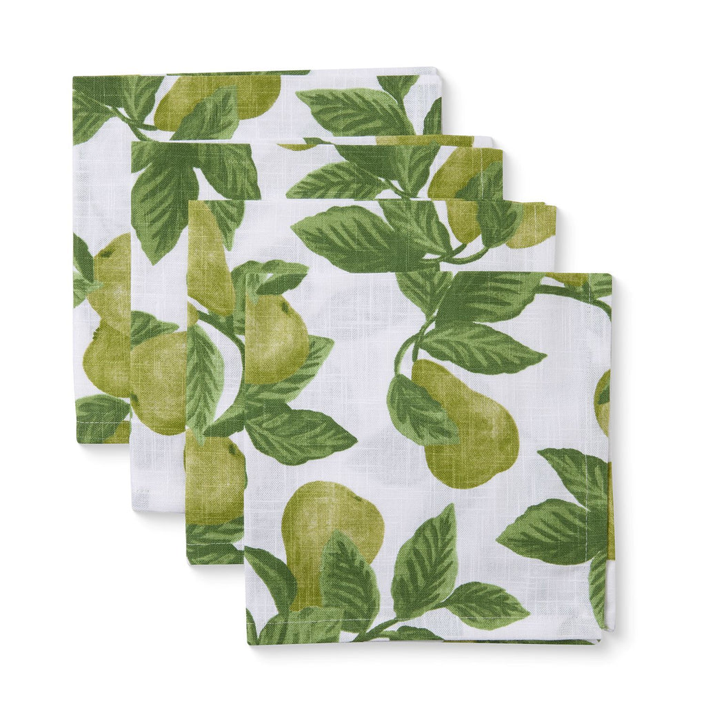 Set of four napkins with green pear and leaf pattern on a white background