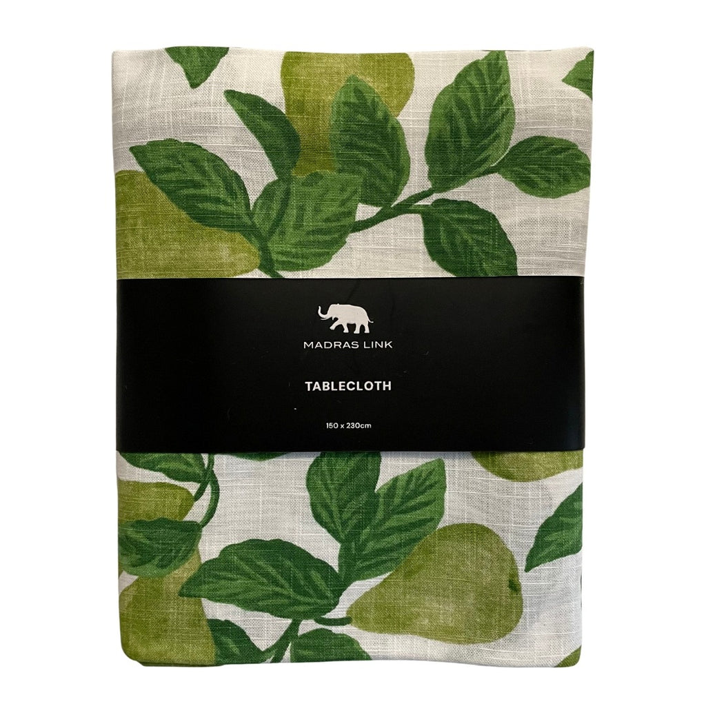 Packaged tablecloth with green pear leaf pattern with Madras Link branding.