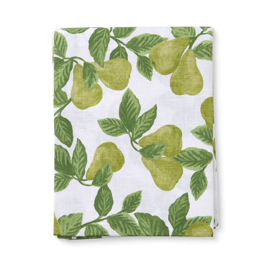 Folded tablecloth with green pear and leaf pattern on a white background