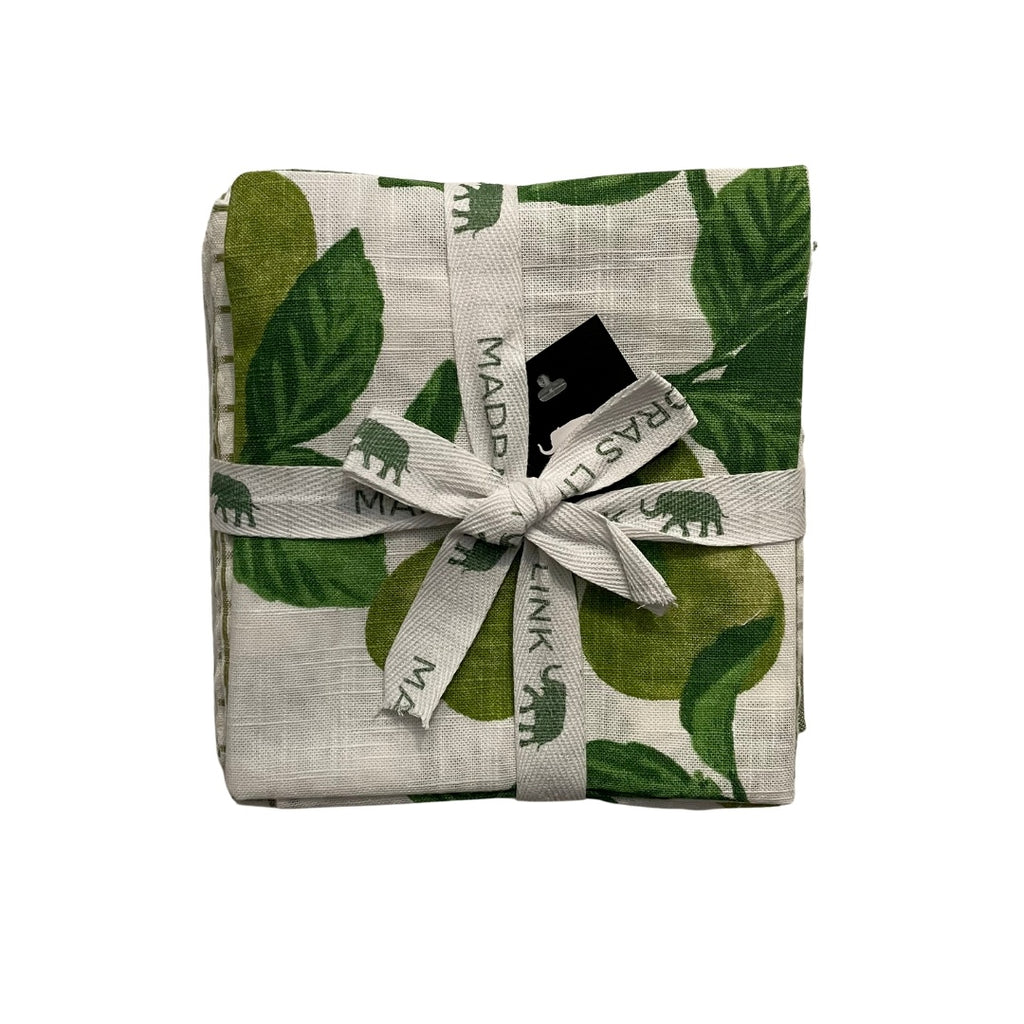 Set of 3 tea towels packaged in a bundle featuring the pear tree print on top - sitting on a white background