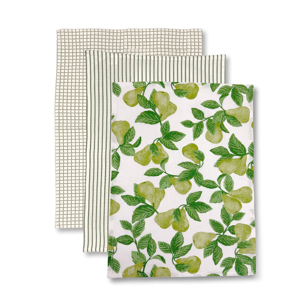 Set of three kitchen tea towels with different patterns on a white background including the pear print