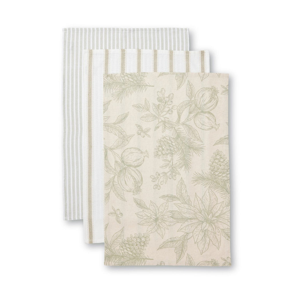 Poinsettia olive green and flax - Set of three kitchen tea towels with different patterns including stripes on a white background