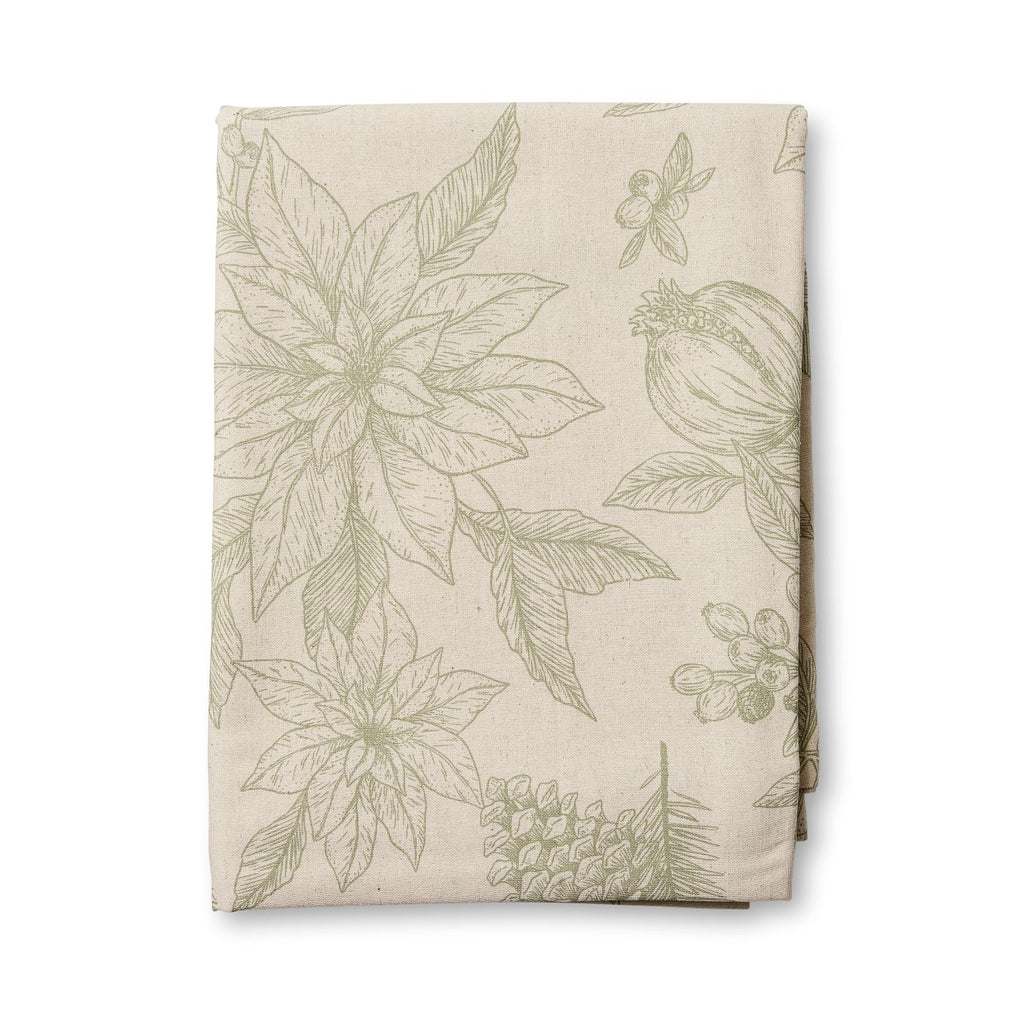 Poinsettia, Pinecone and Pomegranate tablecloth with an olive green line drawing on a taupe/flax background 
