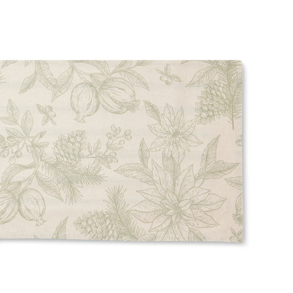 Poinsesttia pinecone and pomegranate patterned table runner in olive green line drawing on a beige/flax background