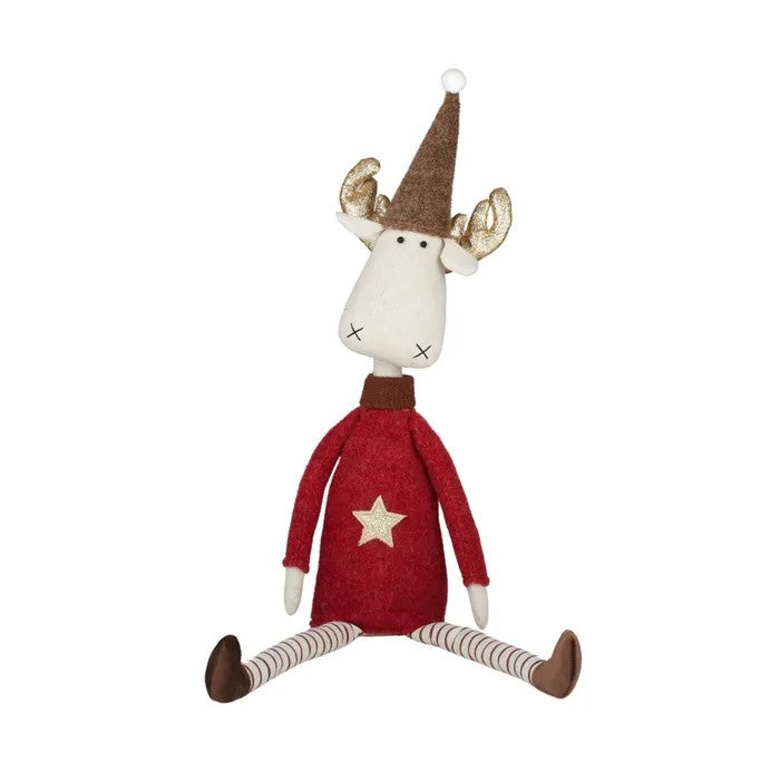 Decorative sitting reindeer with a red outfit and brown hat on a white background