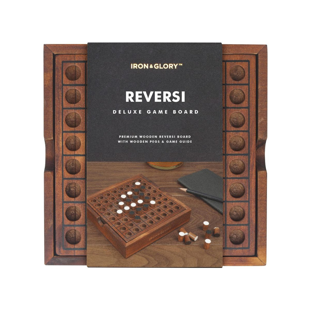 Wooden Reversi game board with packaging featuring 'Iron & Glory' branding- available from Twig and Feather
