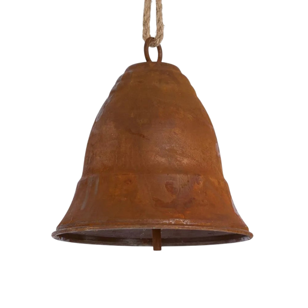 Rust-colored curved bell hanging on a white background