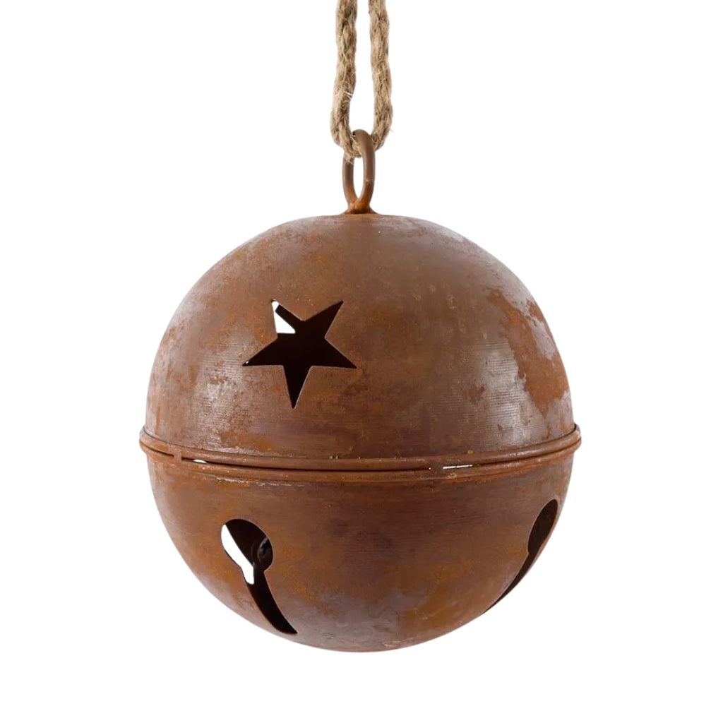 Rusty bell with a star cutout on a white background
