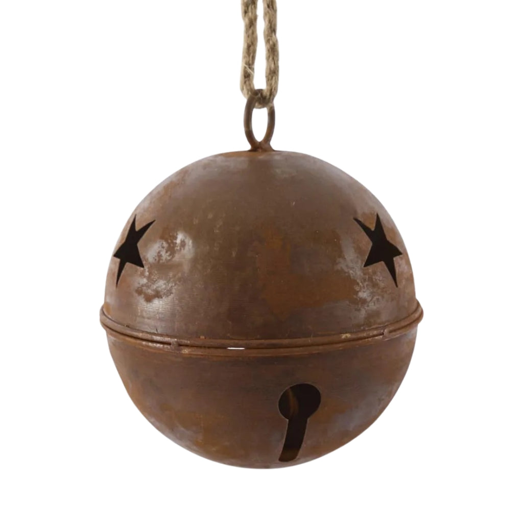 Rusty bell with a star cutout on a white background