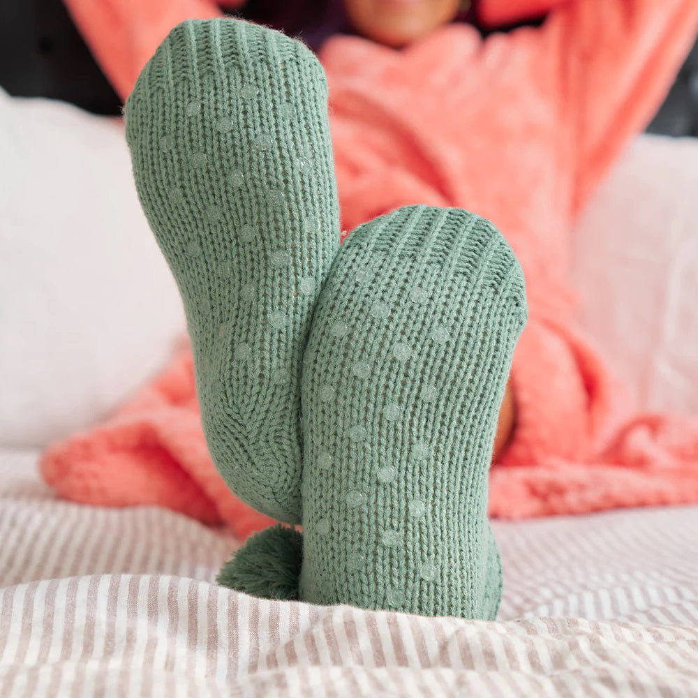 Socks – Slouchy Slippers With Pompoms – Dark Sage