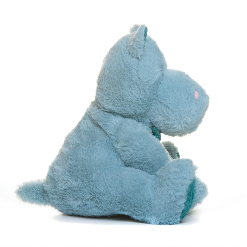 Blue plush snuggable hottie toy on a white background