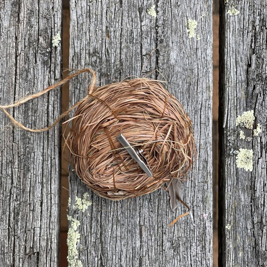 Back of decorative nest showing clip on a wooden surface