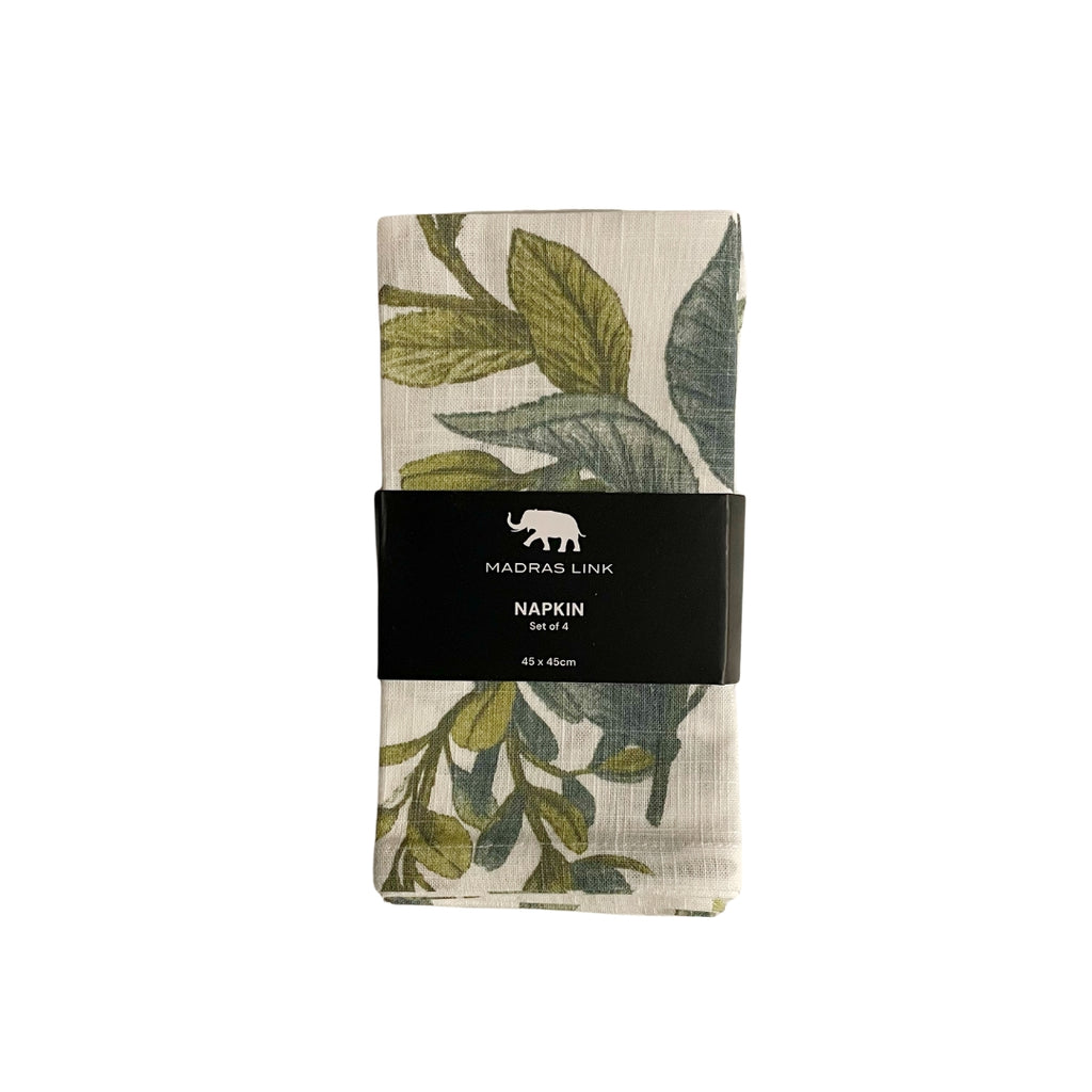 Twig and Feather - Packaged napkin with leaf pattern and Madras Link branding on a white background