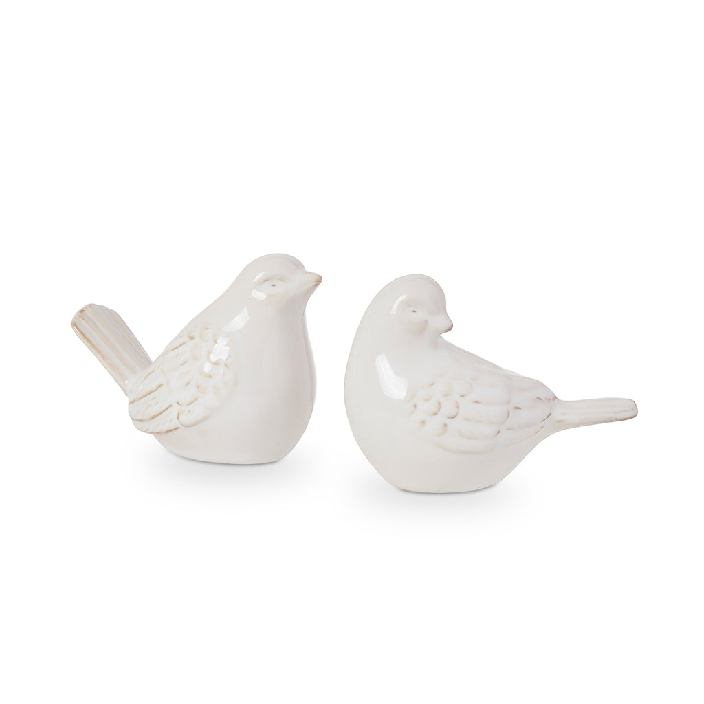 Twig and Feather - Two off white ceramic bird figurines on a white background - by Madras Link