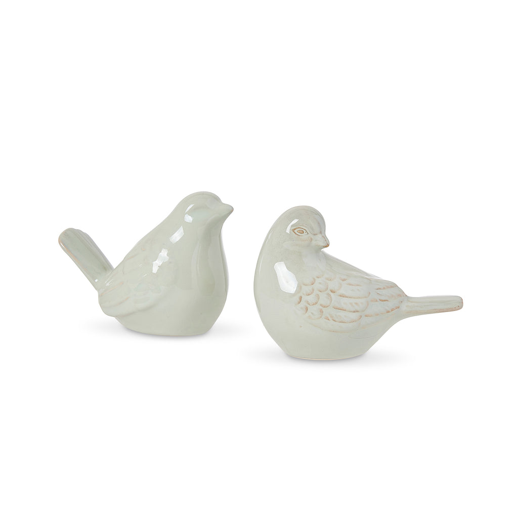 Twig and Feather - Two sage green ceramic bird figurines on a white background - by Madras Link
