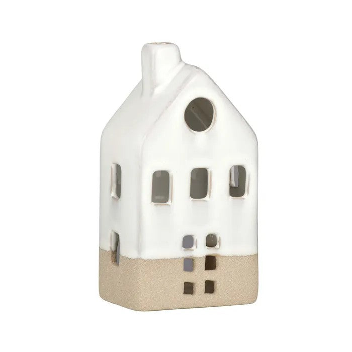Ceramic house-shaped decoration with a glazed nutral off white top and beige unglazed bottom on a white background