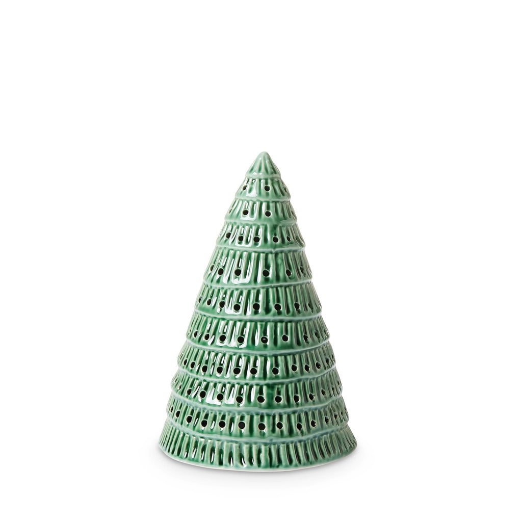 Green ceramic Christmas tree-shaped decoration on a white background