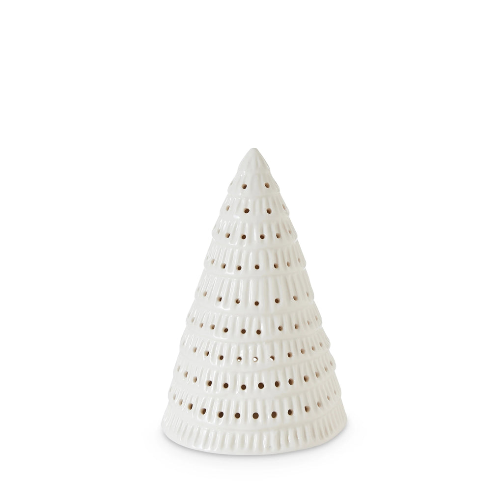 White ceramic Christmas tree decoration with decorative holes on a white background