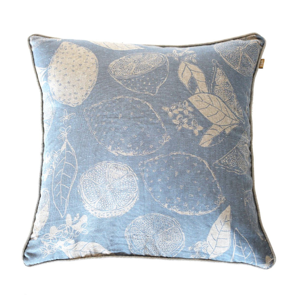 Twig and Feather cushion in lemon marmalade print light blue - by Raine & Humble