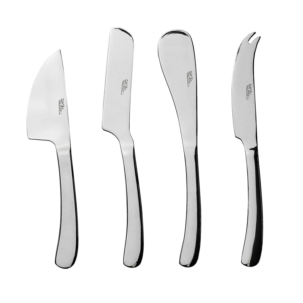 Set of four Kingsley stainless steel cheese knives on a white background