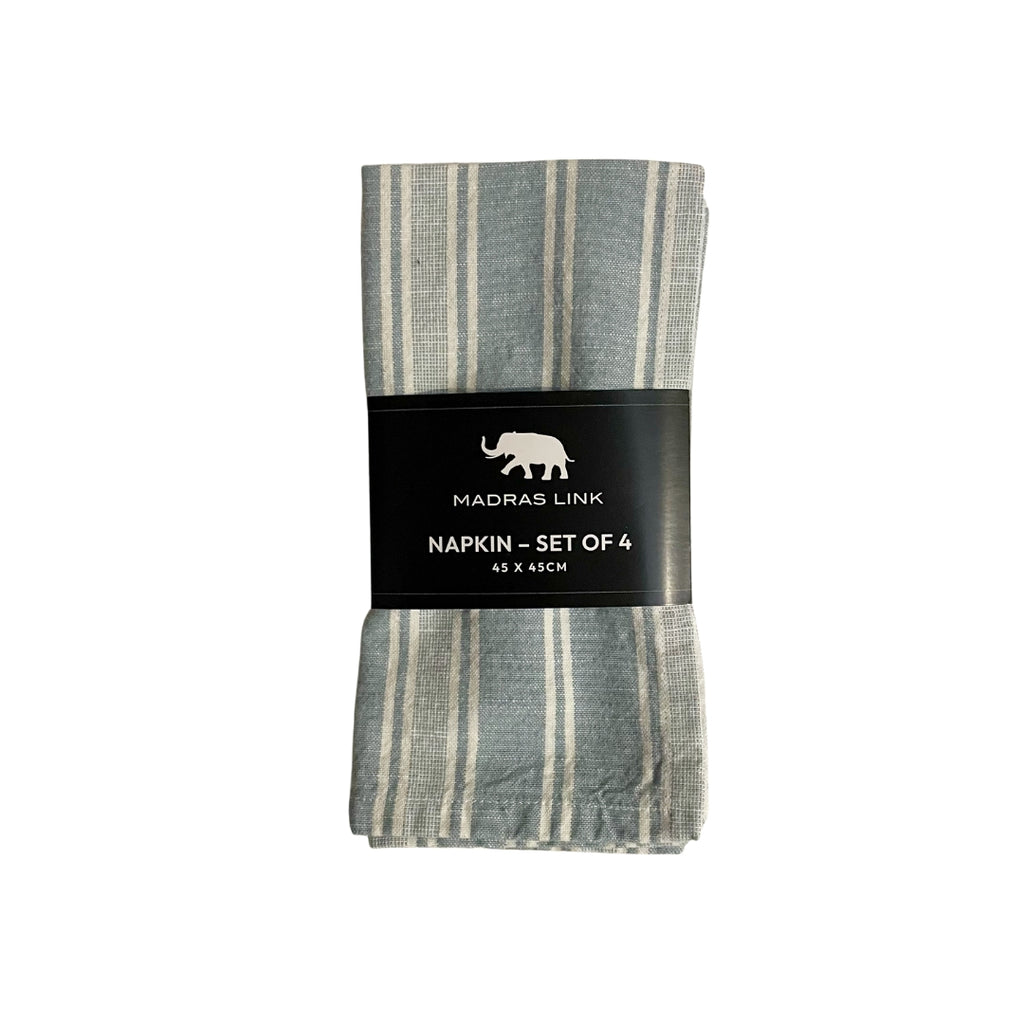 Set of 4 striped napkins with Madras Link branding on a white background