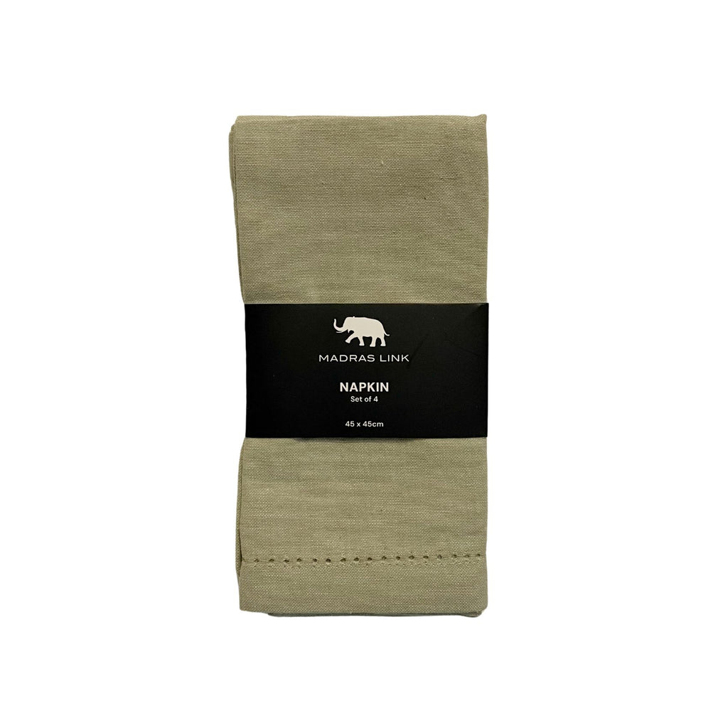 Folded mineral green napkins 4pk with a black label on a white background