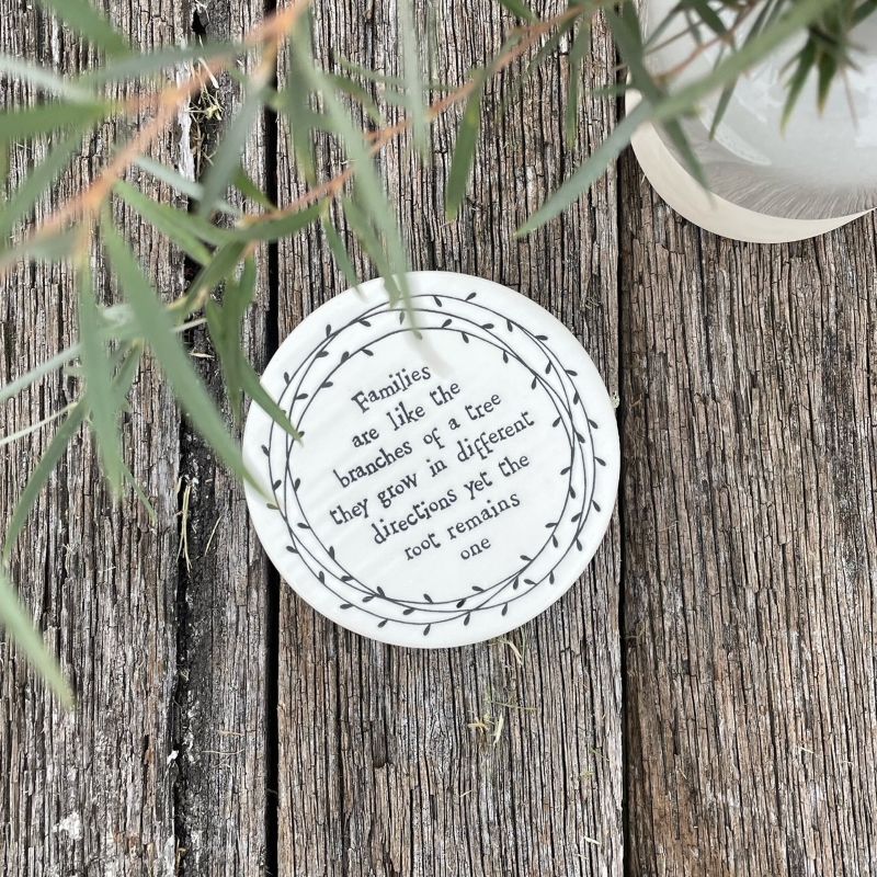 Twig and Feather Porcelain Coaster saying Families are like the branches of a tree, they grow in different directions