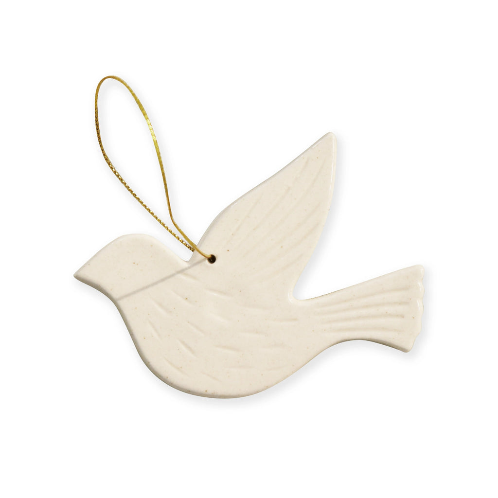 Ceramic White dove ornament with a gold string on a white background
