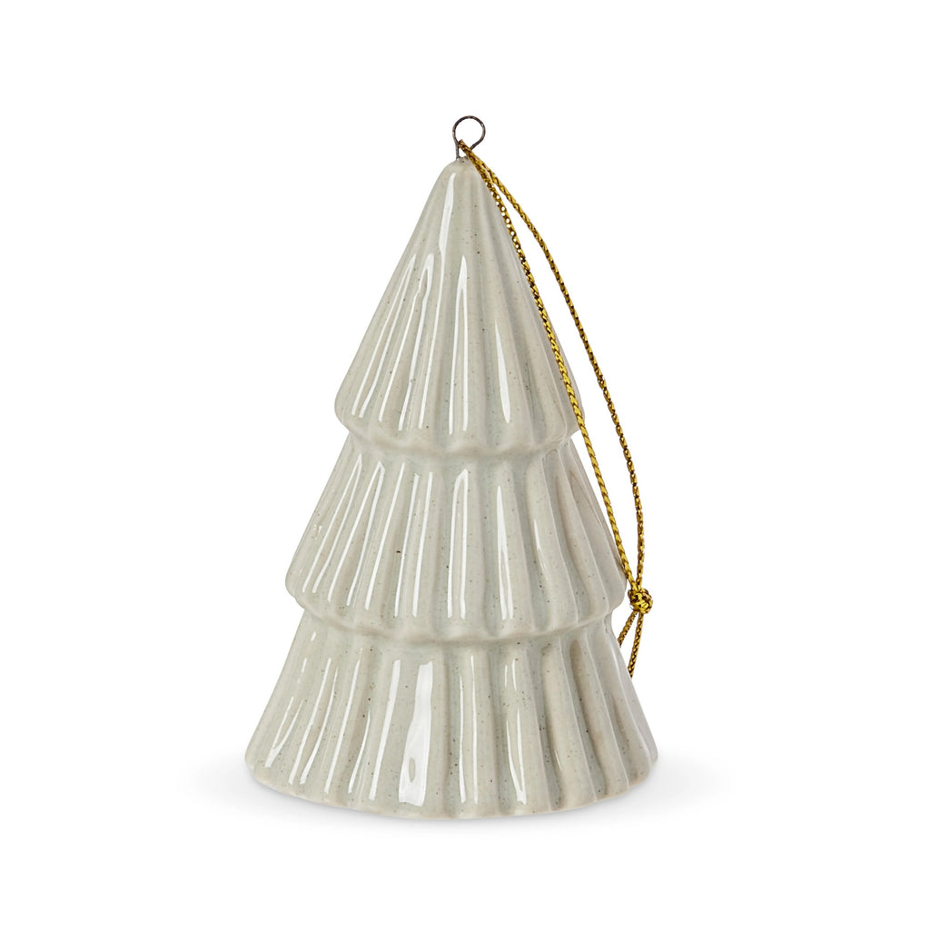 Ceramic Christmas tree-shaped ornament in sage green with a gold string on a white background