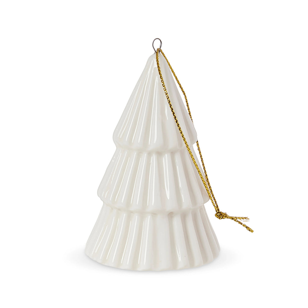 White ceramic Christmas tree ornament with a gold string on a white background