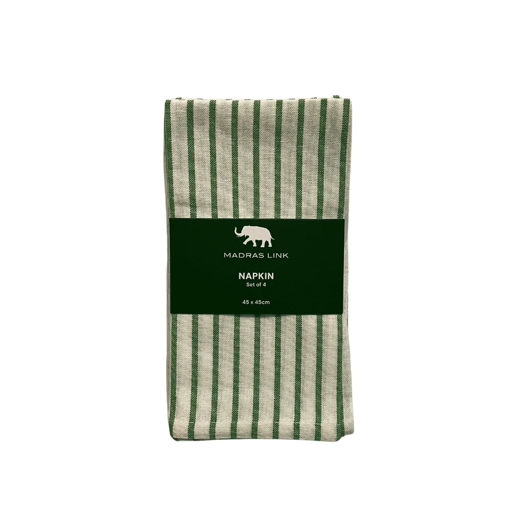 Pack of green and white striped napkins with a Madras Link label on a white background