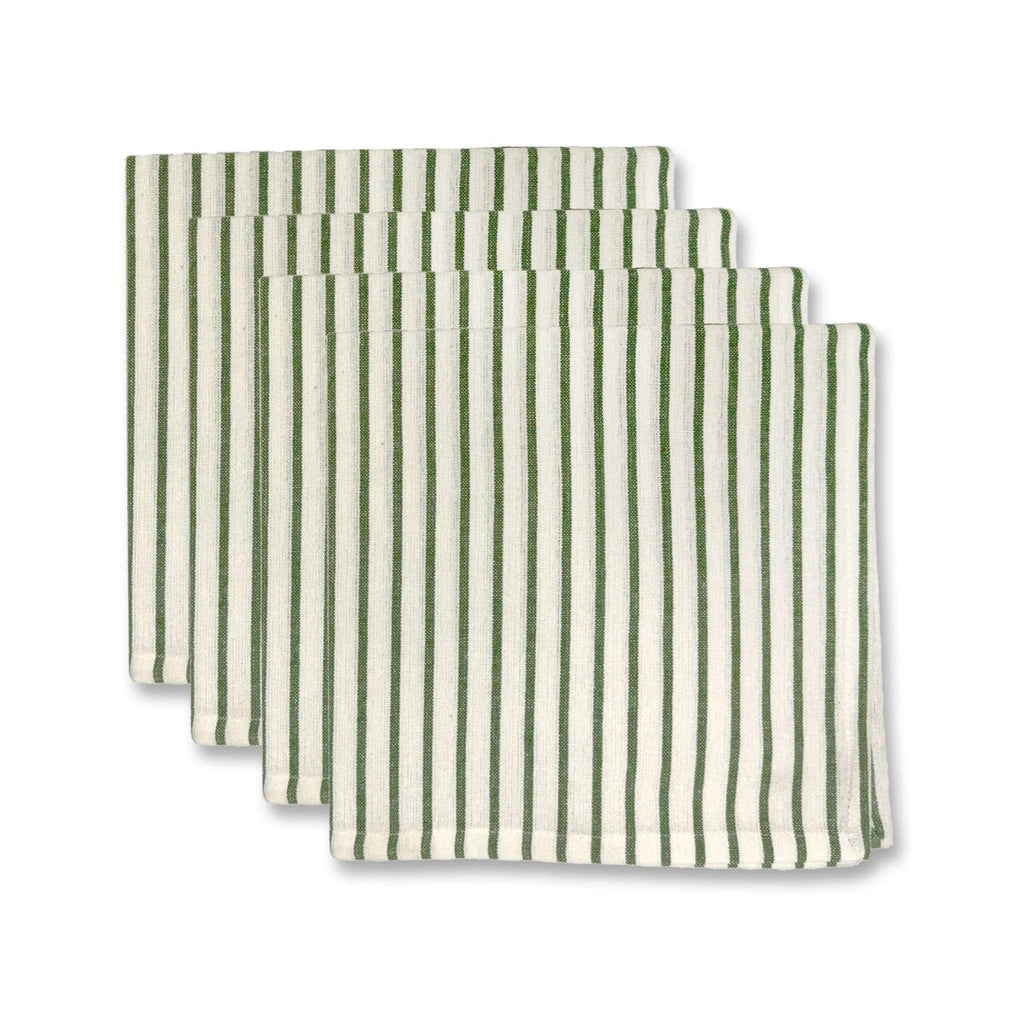 Set of four green and white striped napkins on a white background